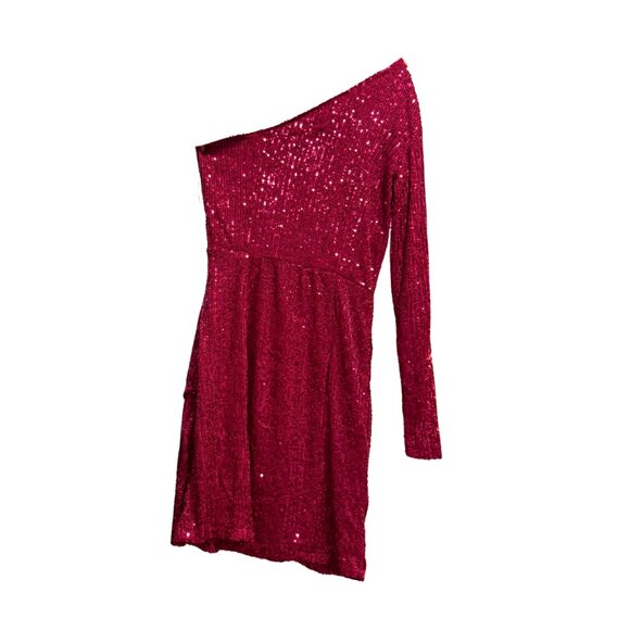 AQUA Pink Sequin One-Shoulder Mini Dress, Size M, New with Tag - Picture 4 of 4